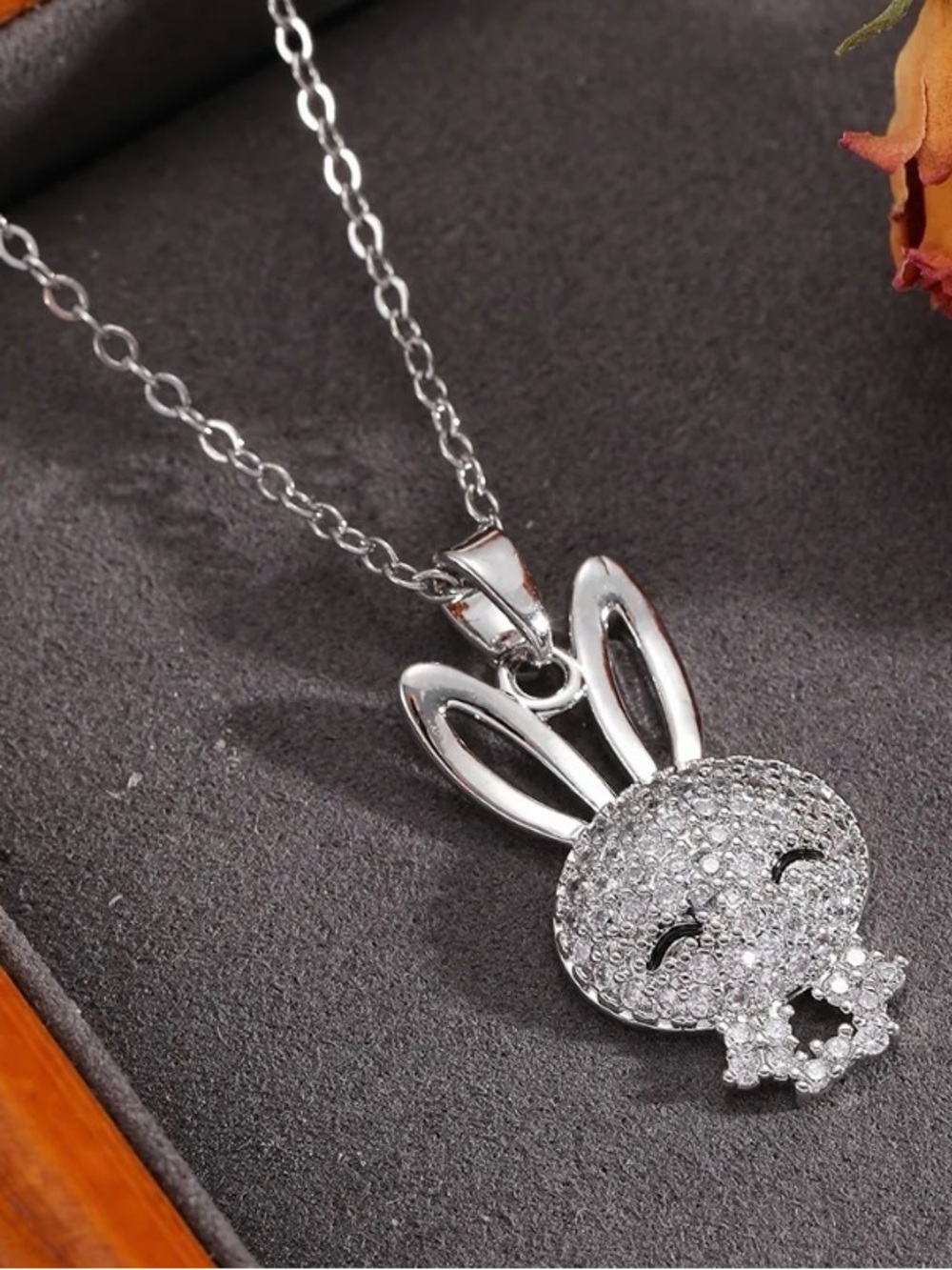 Stainless Steel Bunny Pendant Necklace with Crystal Accents - Women Jewelry